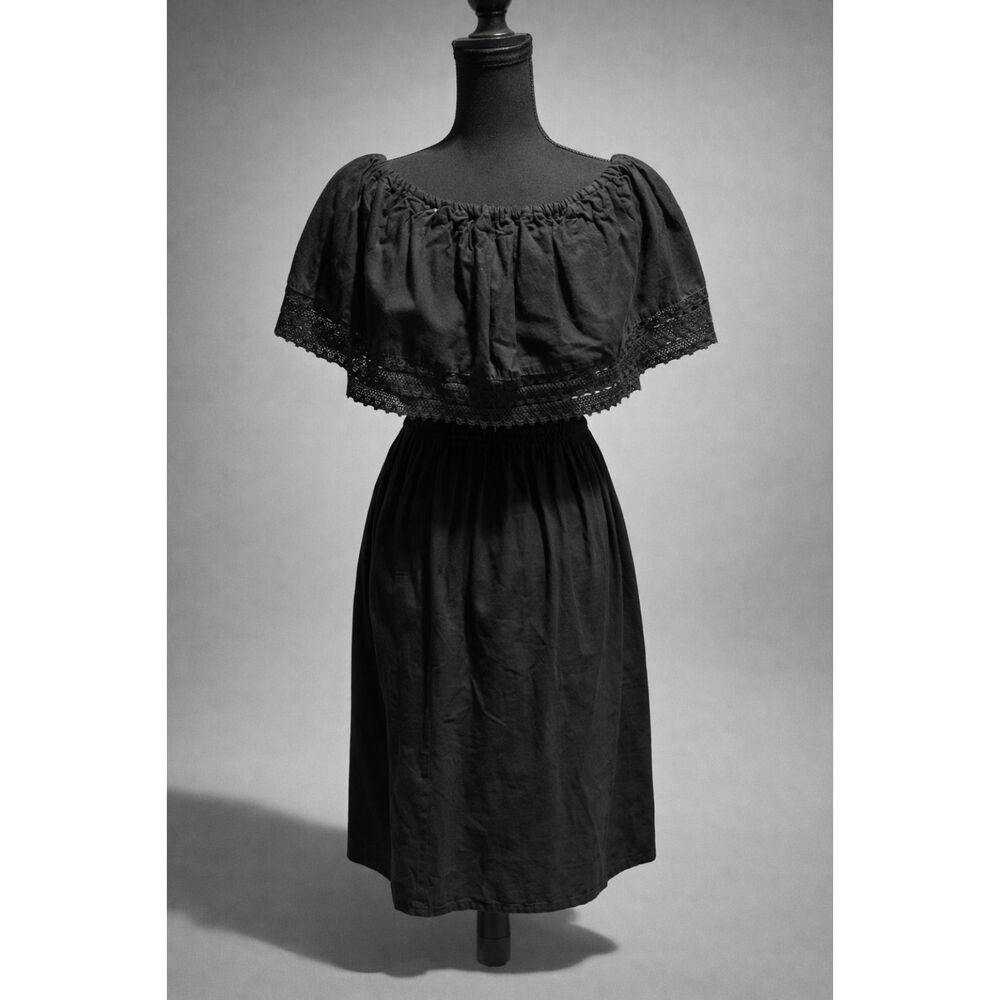 Boho Sunflower Embroidered Mexican Black Off Shoulder Dress S/M - Picture 4 of 4